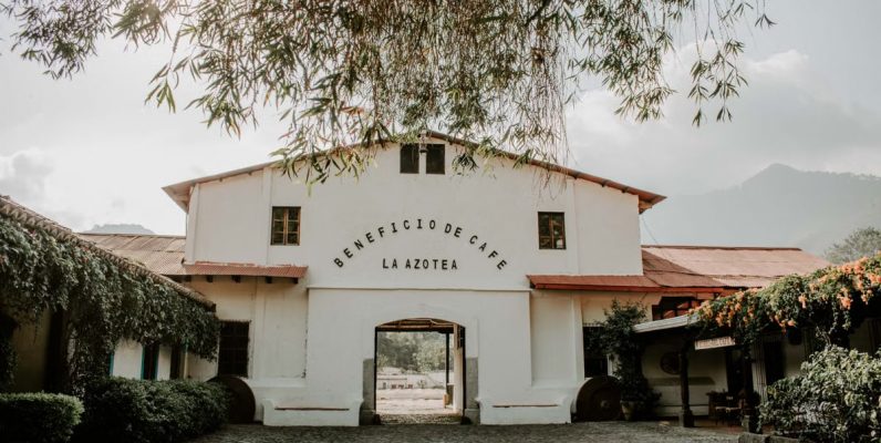 Charming historic building of Beneficio de Cafe La Azotea surrounded by lush greenery and cobblestones.